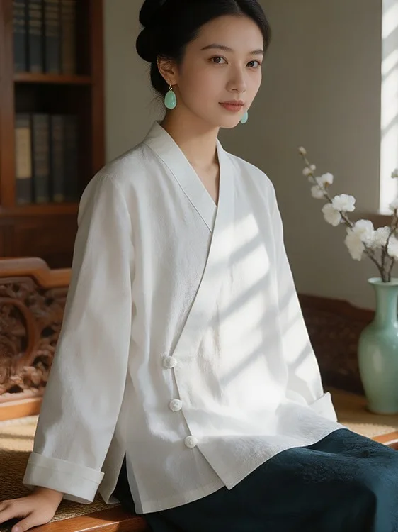 New Chinese Style Women's Long Sleeve Cotton Linen Shirt Loose Fit Collar Traditional Hanfu Tea Costume Top Breathable Moistu...
