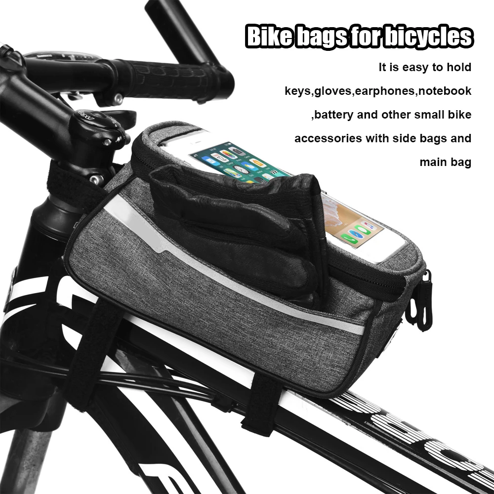 Bike Bag Bicycle Phone Front Frame Bag Waterproof MTB Bike Handlebar Tube Bag with Headphone Hole Touchable Phone Pouch