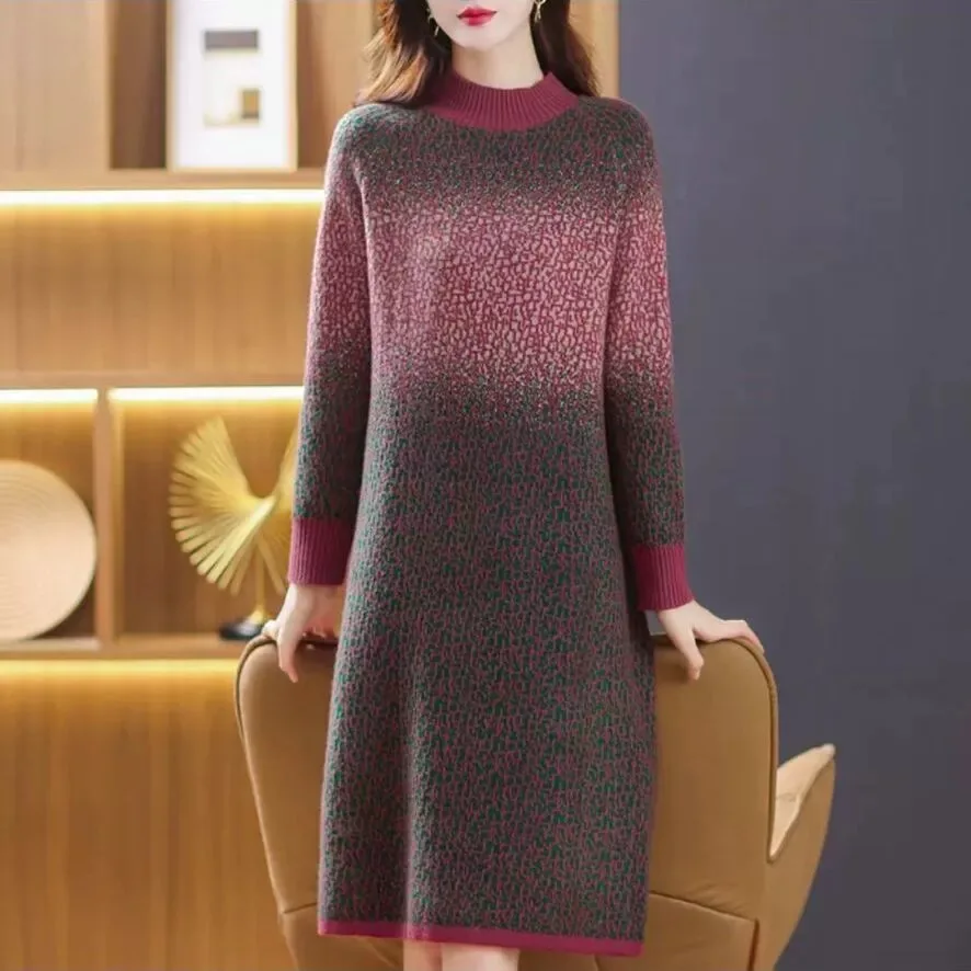 2024 Chic Print Knitted Woolen Sweater Dress Women Korean Elegant Bodycon Casual Pullovers Autumn Winter Thick Warm Top Sweaters