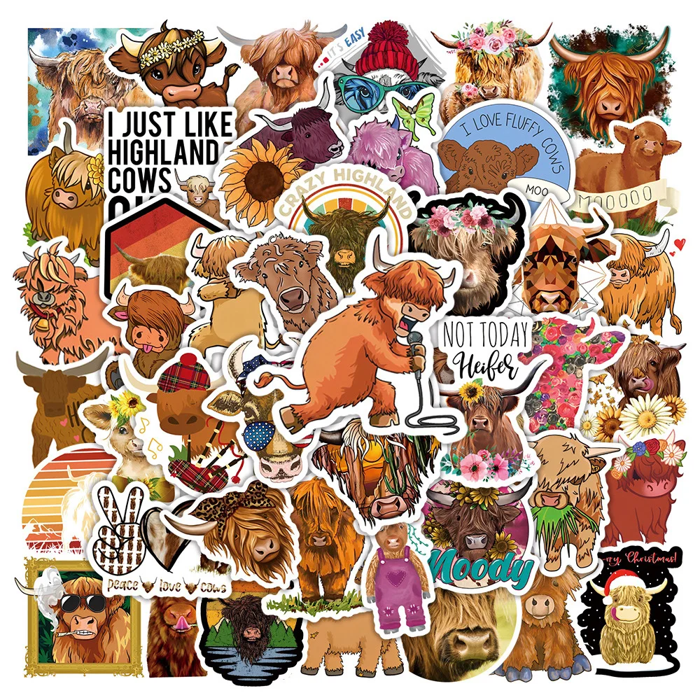 10/30/50pcs Highland Cow Yak Graffiti Stickers Funny Cartoon Animal Decals Notebook Phone Suitcase Waterproof Sticker Decoration