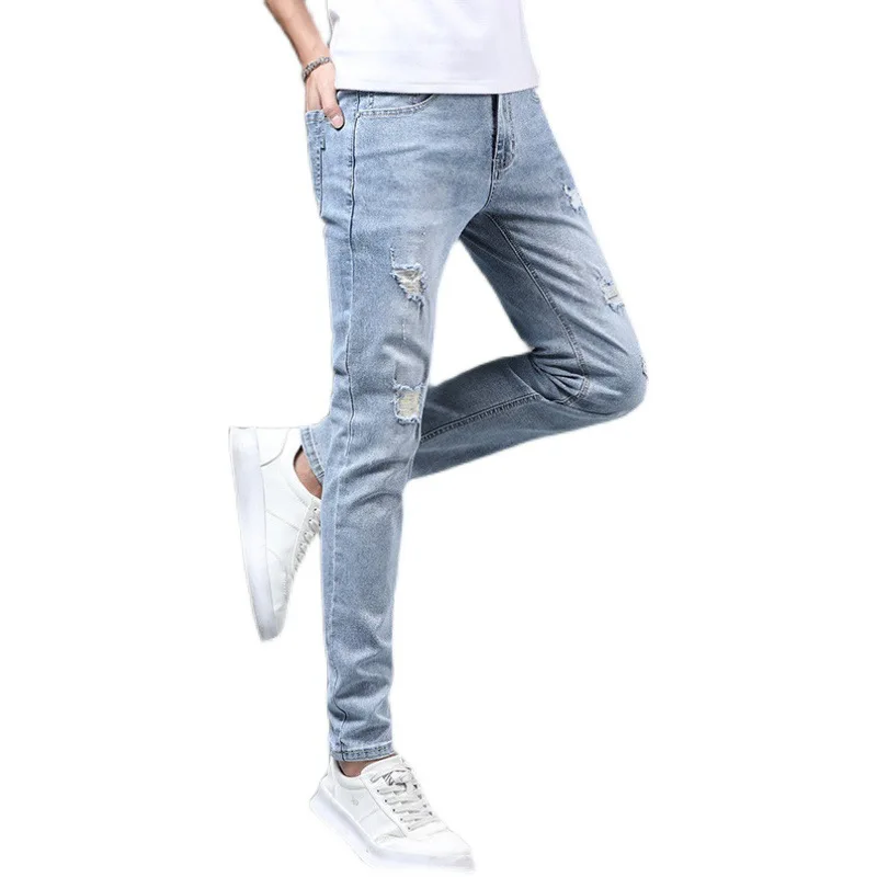 Men's Summer Hole Slim Ripped Jeans Korean Fashion Elastic Straight Nine Points Denim Pants