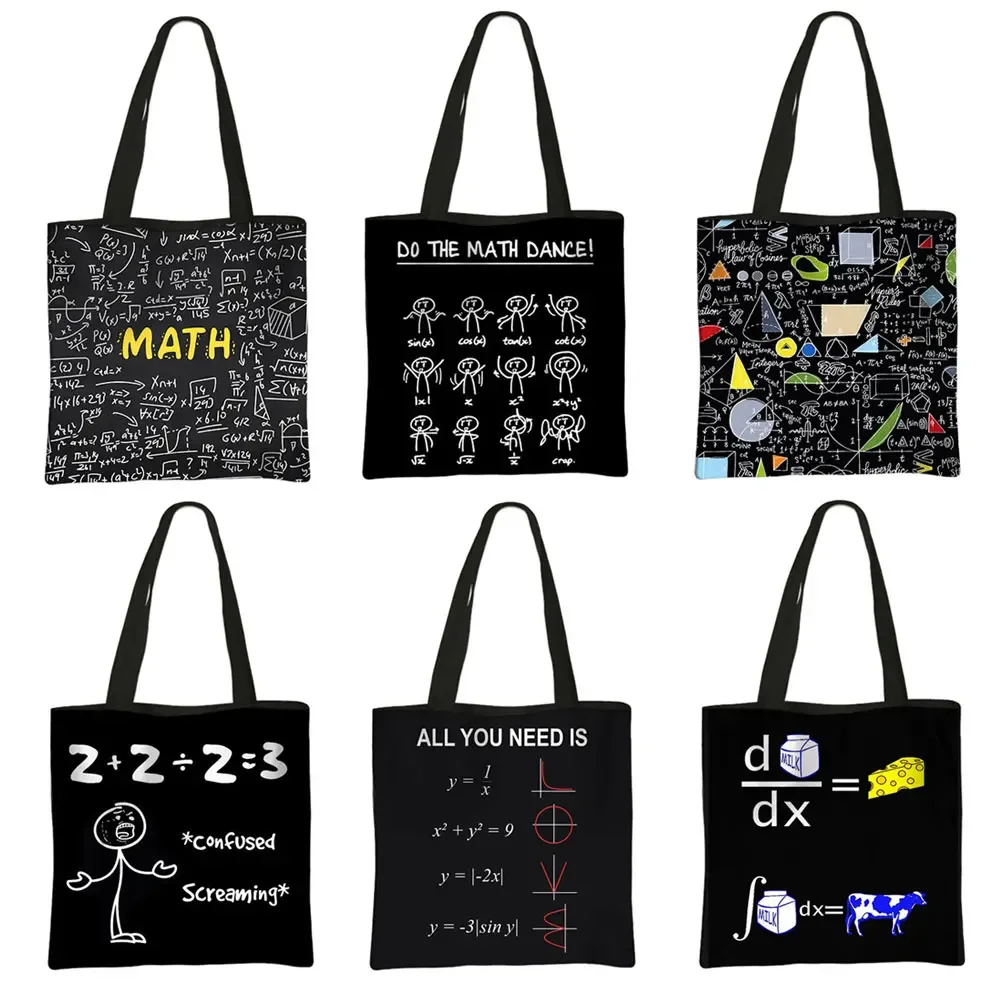 Funny Math Formula Print Shoulder Bags Geometric Algebra Equation Casual Tote Bags Women Handbag Girl Storage Book Shopping Bag