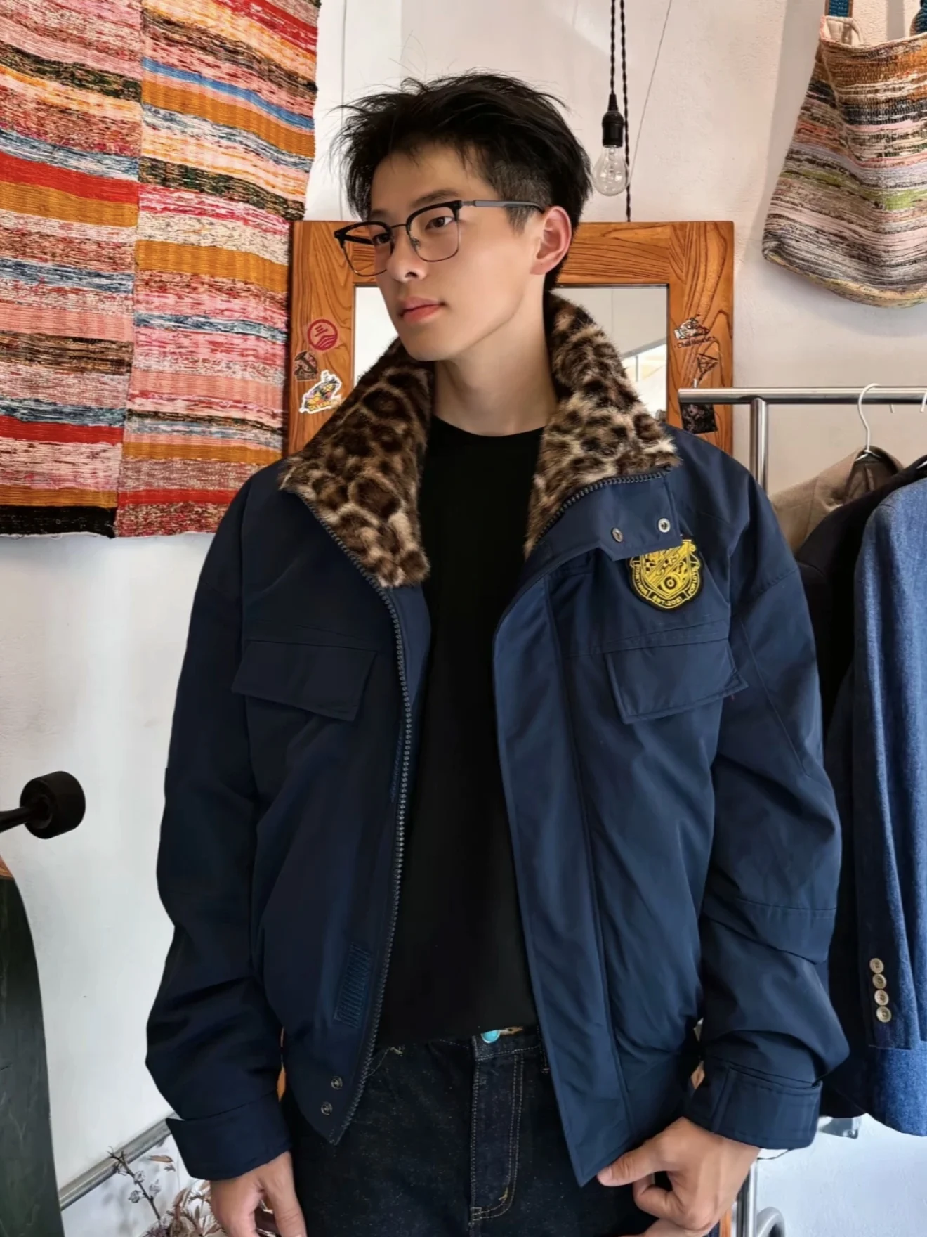 

Retro American Blue Leopard Print Stand Collar Men's Winter Fce Lined Cotton Jaet Bomber Sle Outerwear Casual Youth