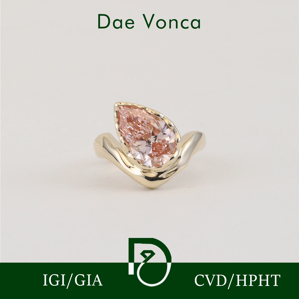14K/18K Yellow Gold Pear Bezel Diamond Ring Organic Wave Band Lab Created Pink Diamond Engagement Ring Minimalist Fine Jewelry