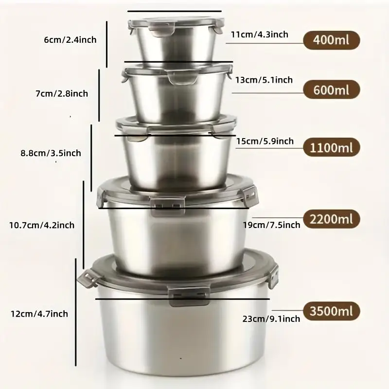5-Piece Set 304 Stainless Steel round Airtight Lids  Leak-Proof Reusable Preservation for Kitchen Camping Meat Fruits Vegetables