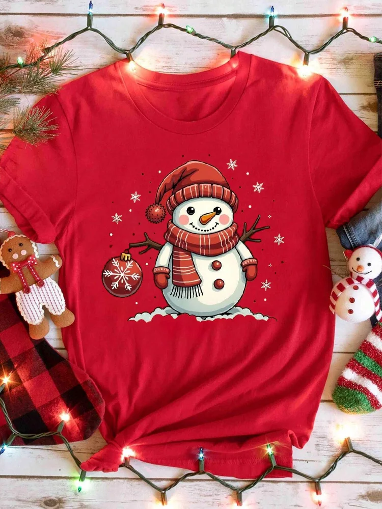 

Hot Christmas Gnome And the snowmanT-Shirt for Women Loose Round Neck Short Sleeve Female T-shirt Tops Casual Harajuku T-shirt