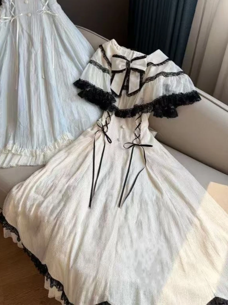 Gothic Kawaii Vintage japanisches Lolita Kleid Y2K Spitze Schleife Kragen Outfit Beige Floral Midi Kleid Party Casual Süßes Gothic Kleid