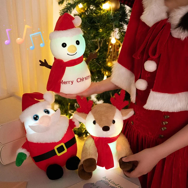 Music Christmas Glow Series Plush Toy Luminous Creative Light Up LED Santa Claus Elk Snowman Doll Can Sing Xmas Song Toy