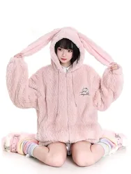 Winter Furry Jacket with Rabbit Ears Zipper Oversize Outwear Harajuku Kawaii Soft Lambswool Girl Sweet Sweatshirt Spring Street