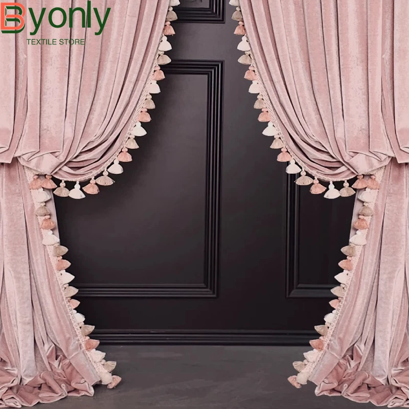 

Customized Pink Velvet Lace Splicing Blackout Curtains for Living Room Bedroom French Window Balcony Floating Finished Products