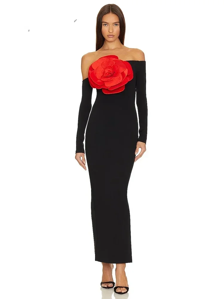 

New Women's Black Sexy Off Shoulder Long Sleeve Red Big Flower Tight Long Dress Elegant Celebrity Party Evening Dress