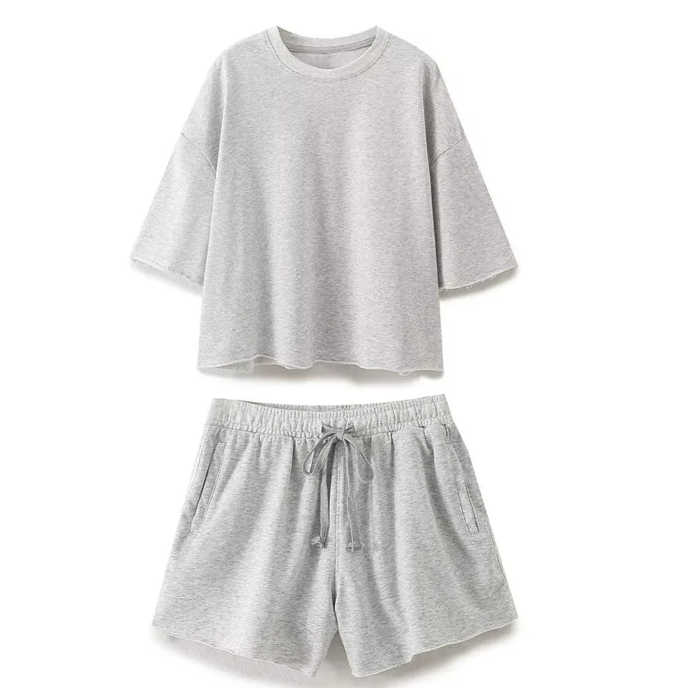 Women\'s Solid Grey Shorts Set Short Sleeve Pullover Shirt +Casual Loose Basic 2 Pieces Set Office Lady