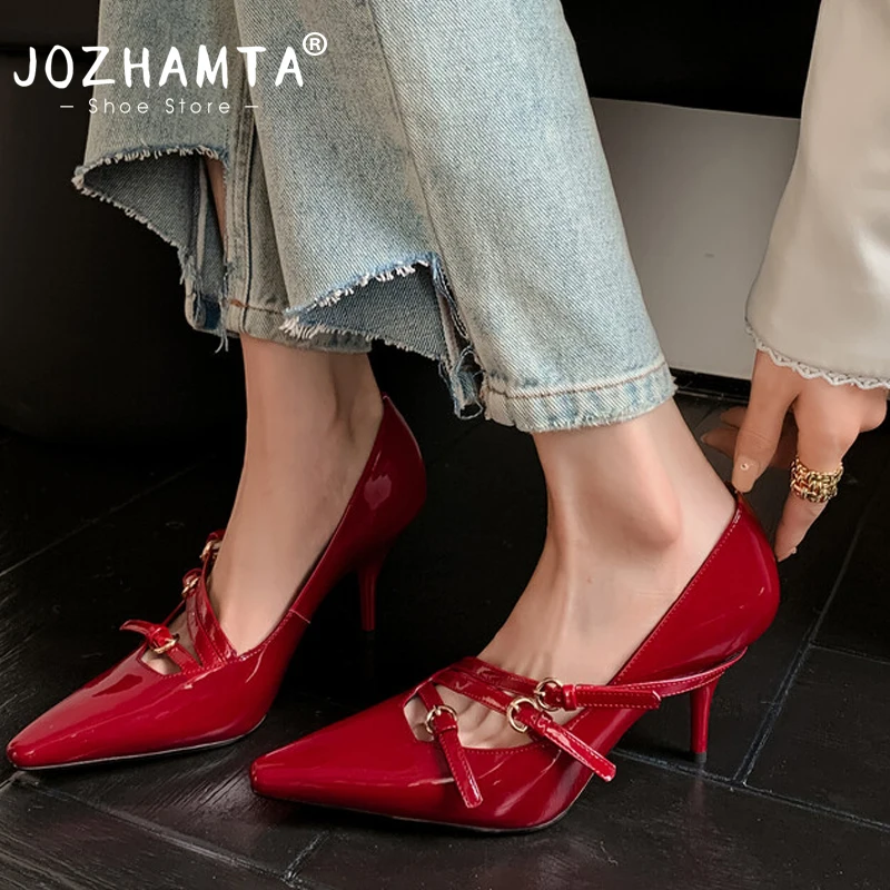 JOZHAMTA Size 34-39 Women Red Pumps Real Leather Buckle Strap Stiletto High Heels Shoes 2025 Ins Party Office Lady Elegant Dress