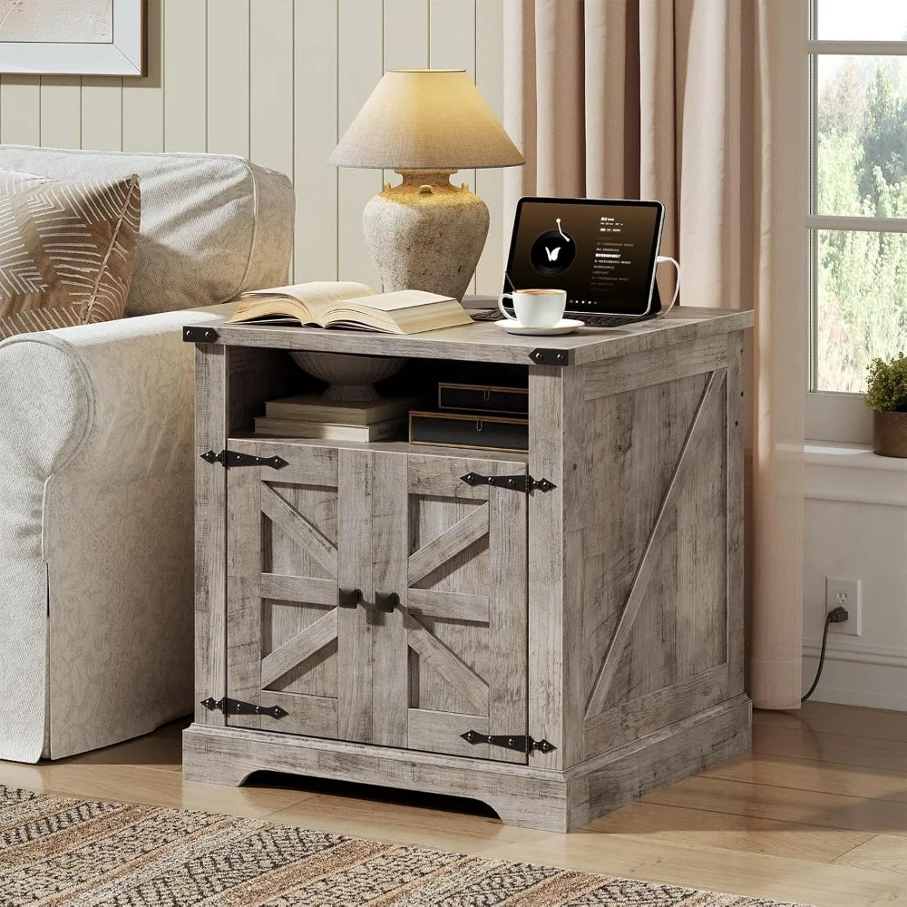 

Farmhouse-style Side Table with Charging Station, 23.6-inch Large Side Table, Barn Door Design, Wooden Square Bedside Table