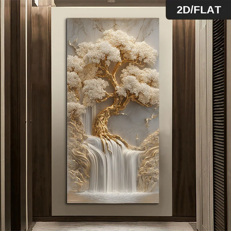 

2D Flat Large Modern Golden Tree & Waterfall Canvas Wall Art, Frameless Abstract Canvas Prints for Living Rooms Decortions Gifts