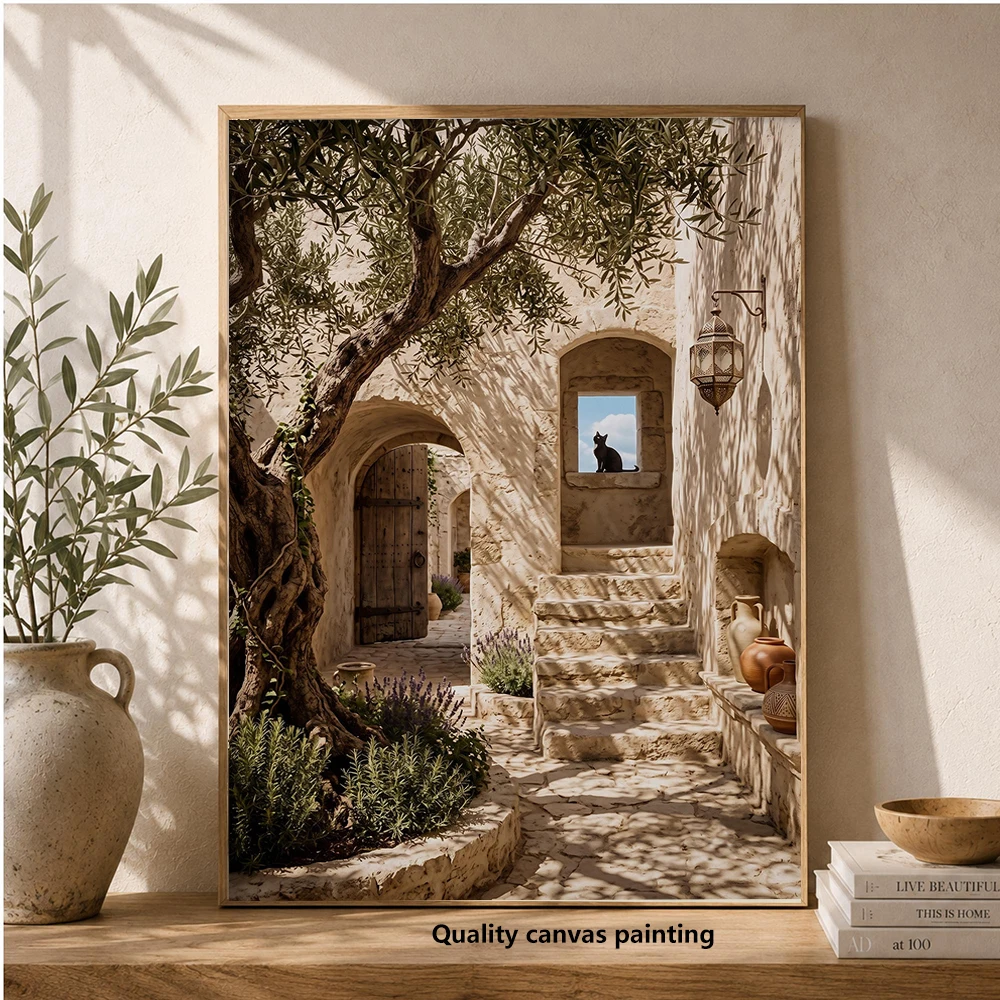 Black Cat Courtyard Print – Mediterranean Olive Tree Art, Rustic Stone Archway, Sunlit Tuscan Decor, Coastal Landscape, Cat Love