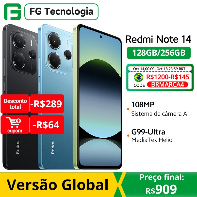 【Marca +】Versão global Xiaomi Redmi Note 14 MediaTek Helio G99-Ultra 108MP AI 5500mAh 6,67" AMOLED 120Hz Display