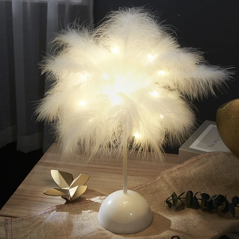Feather Table Lamp Bedroom Girls Night Light Creative Simple Modern Wedding Room Warm Decor Light