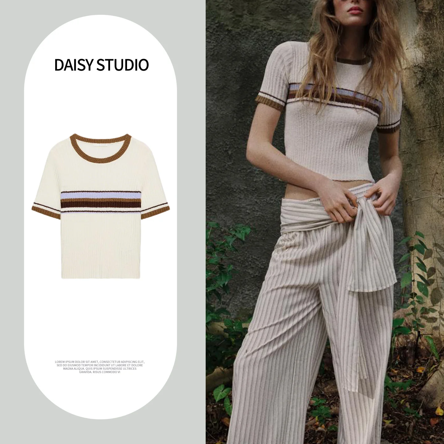 Summer New Women's Short Sleeve round Neck Striped Straight Hem Vacation Style Top Polyester Fiber Slim Fit Knitted Sweater