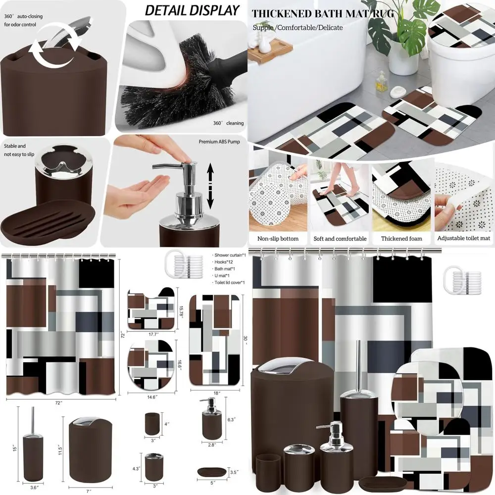 

23-Piece Brown Bathroom Decor Set: Geometric Shower Curtain, Rugs, Trash Bin, Toilet Brush, and Soap Dispenser