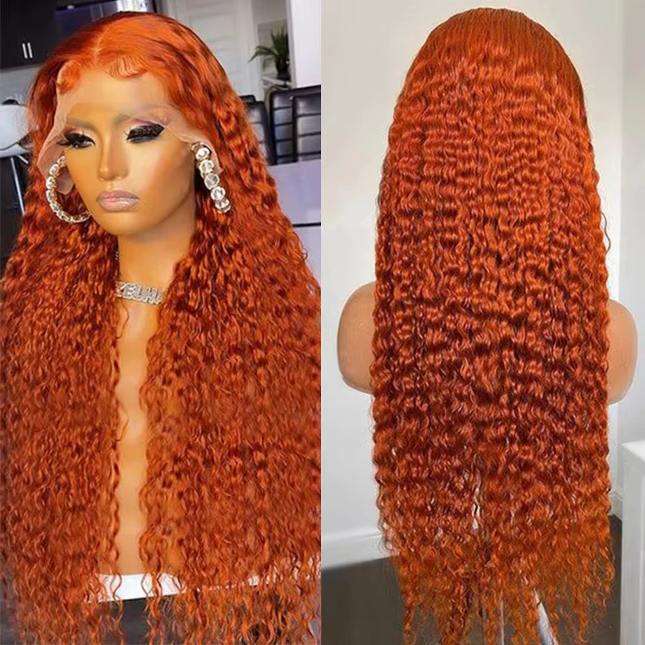 200 Density Orange Ginger 13x6 HD Transparent Deep Wave Lace Frontal Human Hair Wig 30 34 Inch Curly 13x4 Lace Front Wigs