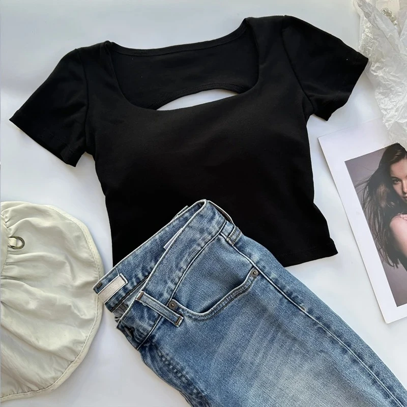 T-shirt Woman Clothing Square Neckline Tops Short Sleeve Crop Top with Bras for Women Girls Sexy Street Wear Backless Top Tees