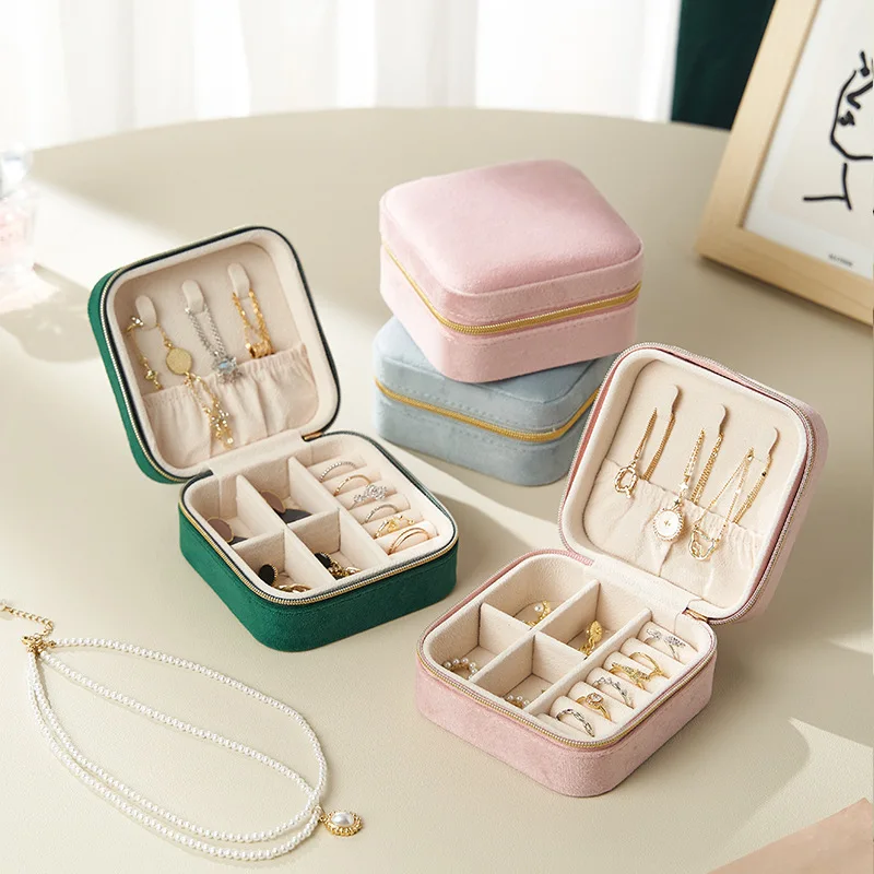 Elegant Flannel Jewelry Storage Box With Zipper Multifunctional Portable Square Jewel Organizer