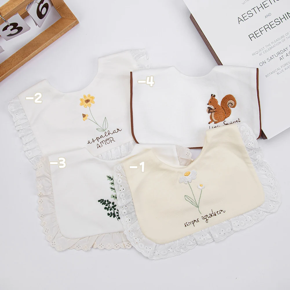 Cotton Baby Bibs Boys Girls Flower Fox Embroider Saliva Towel Infant Feeding Burp Cloth Kids Black Bow Korean Square Scarf