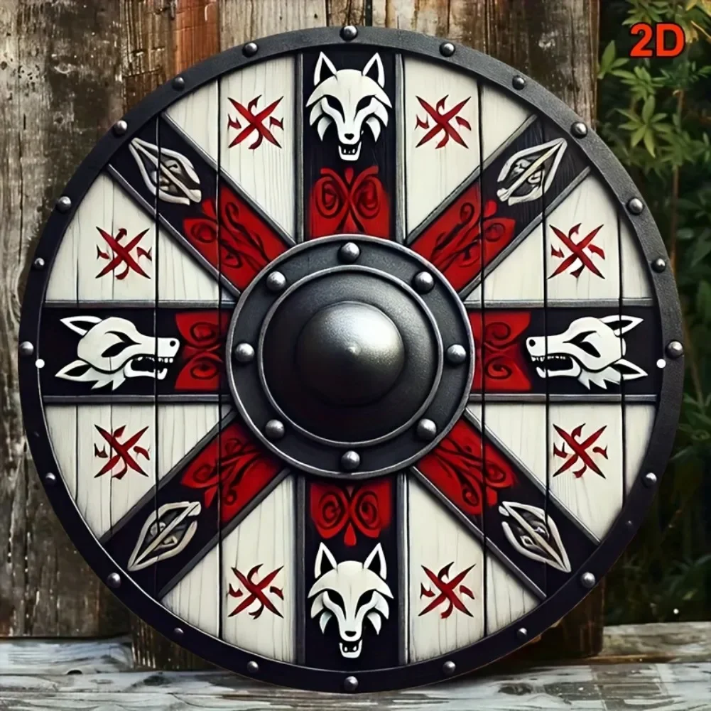 [Viking Wolf Totem Wall Art] 8-Inch Round Aluminum Viking Wolf Totem Wall Art | 2D Flat, Red & Black Nordic Mythology Design