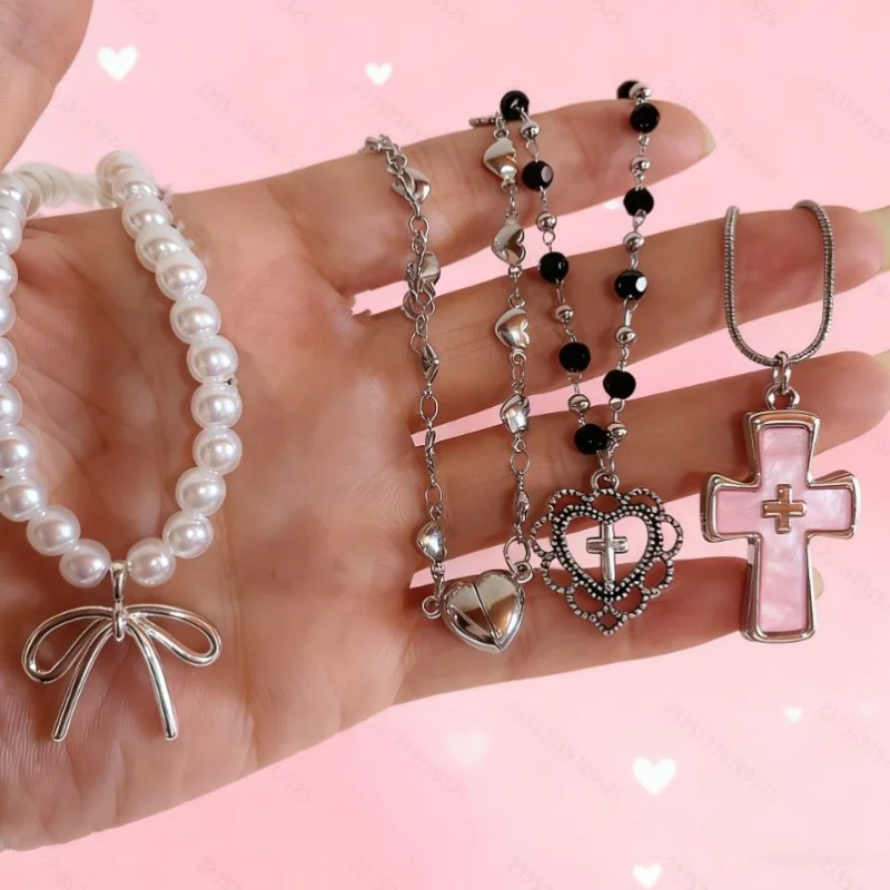 4Pcs Y2K Necklace Set White Imitation Pearl Bow Pink Cross Hollow Heart Cross Black Pearl Chain Women's Aesthetic Jewelry