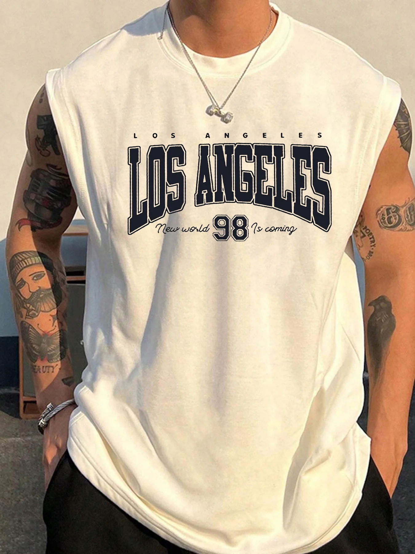100% pure cotton men's summer fashionable casual loose Los Angeles 98 printed fitness breathable round neck sleeveless vest