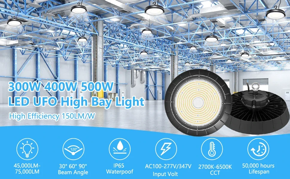 Dimmable IP65 US Plug with 5ft UL Cable Commercial Lighting Fixture 45000lm 300W UFO LED High Bay Light for Factory Area