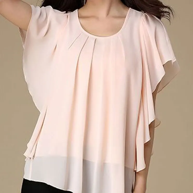 2024 Casual Loose Stylish Round Neck Blouse Female Clothing Commute Ruffles Patchwork All-match Folds Short Sleeve Chiffon Shirt