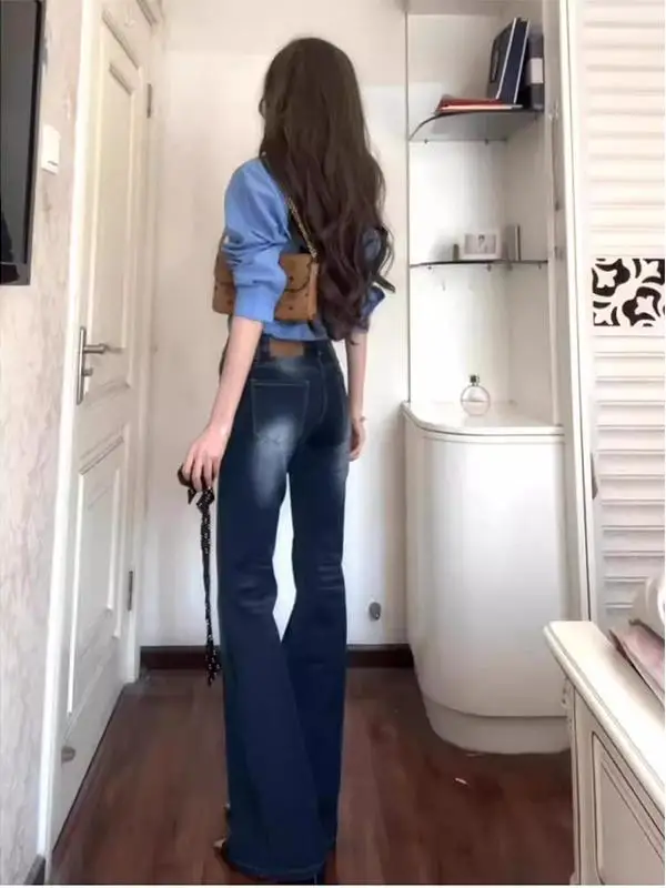 

Джинсы-клеш с высокой талией и удлиненной штаниной для женщин, весенние, утягивающие, в американском винтажном стиле, размер 75 Tall