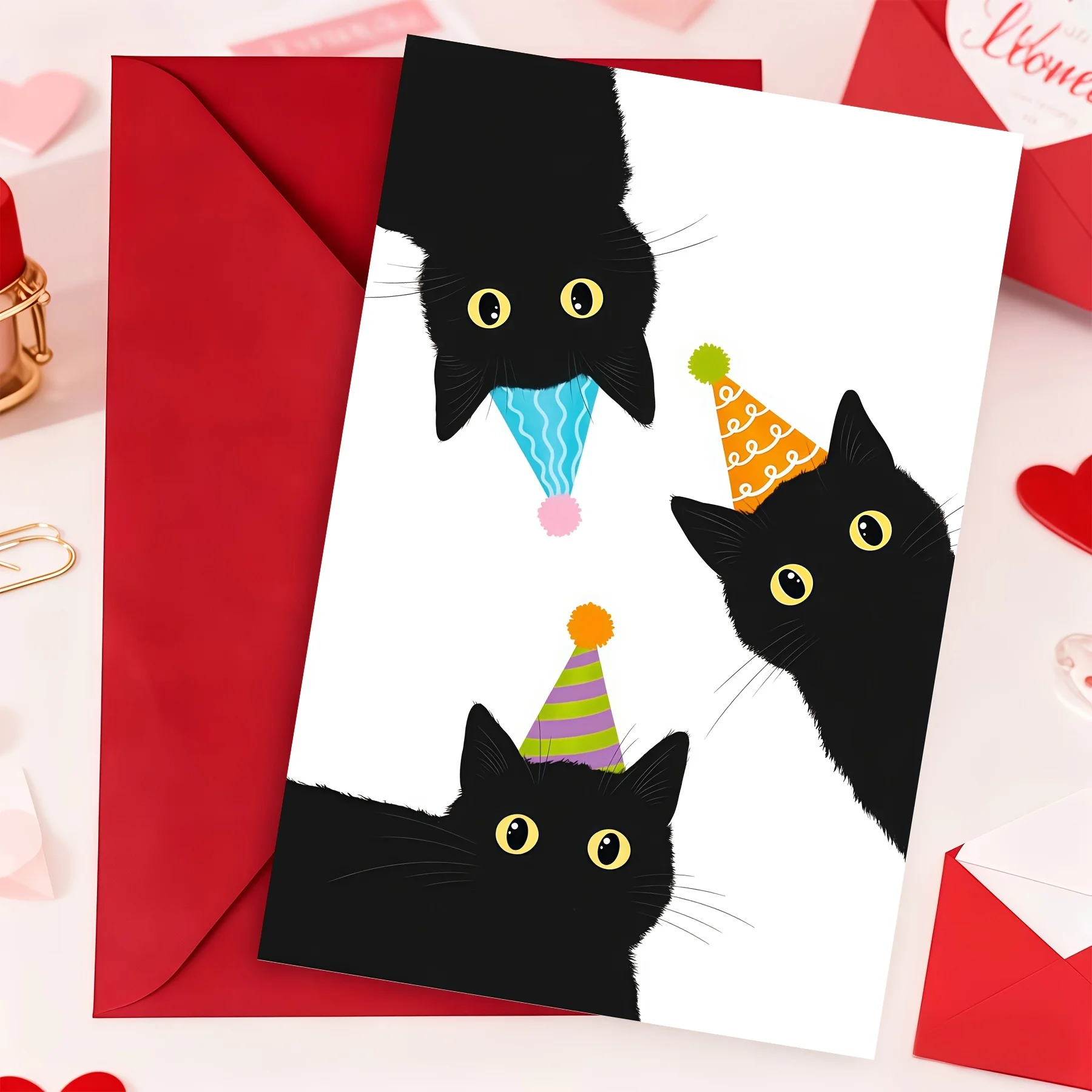 Cute Black Cat Happy Birthday Card, Cartoon Kitten Card with Party Hat, Fun Birthday Celebration Card with Envelope - view 4