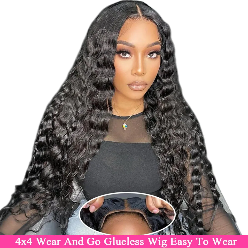 Parrucche per capelli umani a onda profonda da 32 pollici Wear And Go Prepizzicate senza colla 4x4 Pre taglio in pizzo Onda profonda Parrucche senza colla Capelli umani facili da indossare