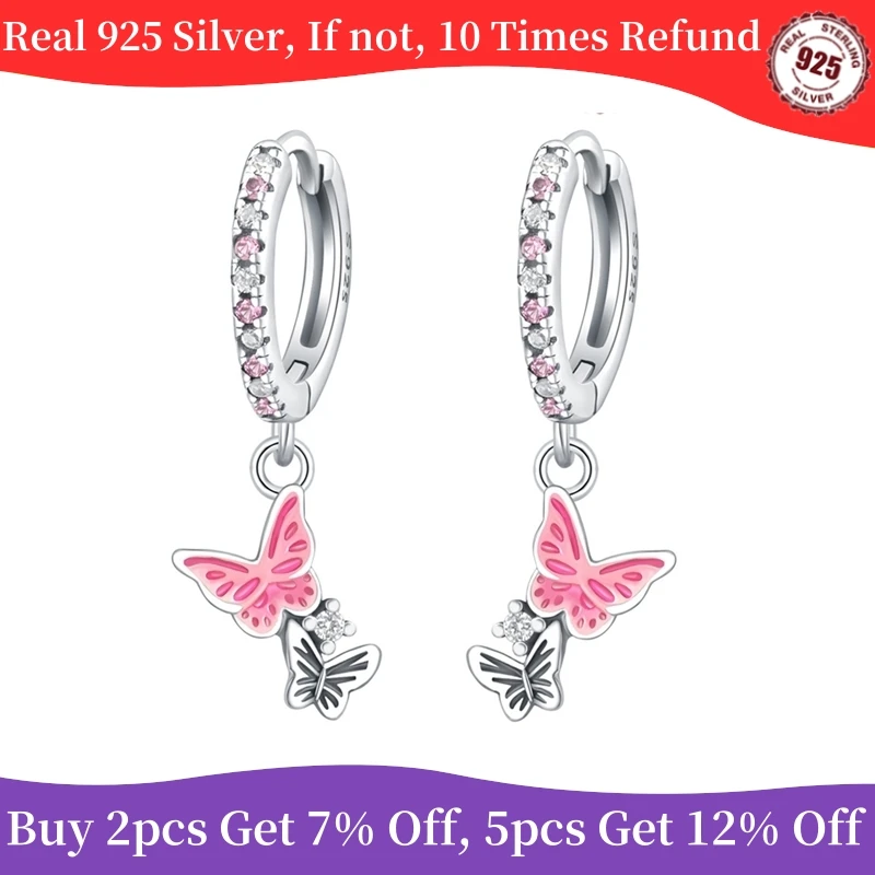 Real 100% Hoop Butterfly Earrings Fit Original Charms Diy Fine Jewelry Gift For Women Making Accessories 925 Silver Plated