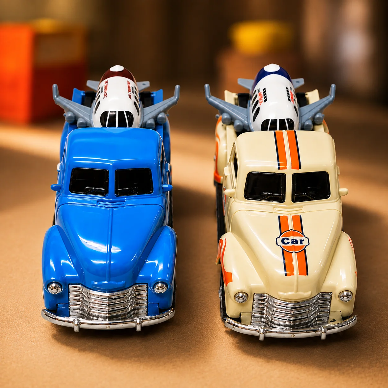 MQUDUO 4PCS Retro Pickup Truck and Airplane Toy Set, 2 Classic Cargo Vehicles with 2 Random Color Planes, Display Gift