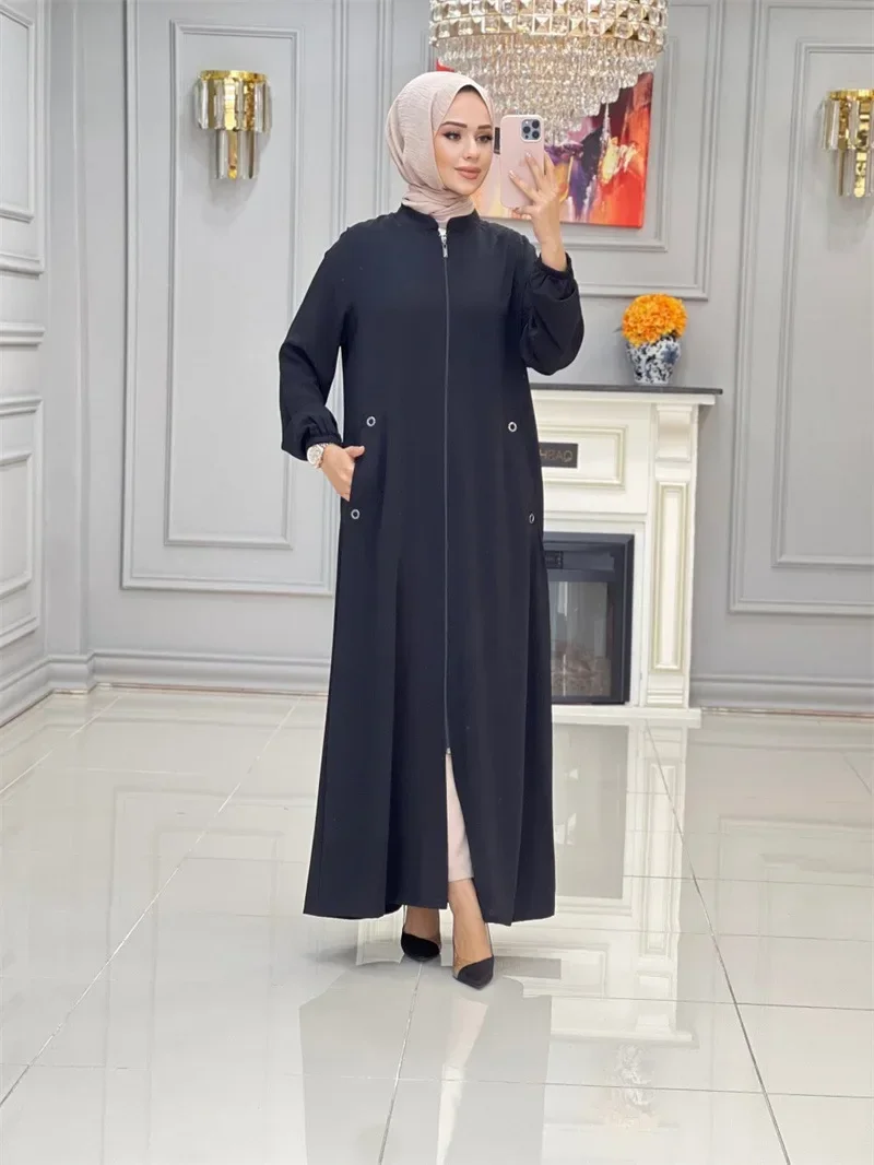 Abaya with Zipper Front Stand Collar Abayas for Women Dubai Luxury Kimono Muslim Hijab Dress Turkey Islam Prayer Clothes Kaftan