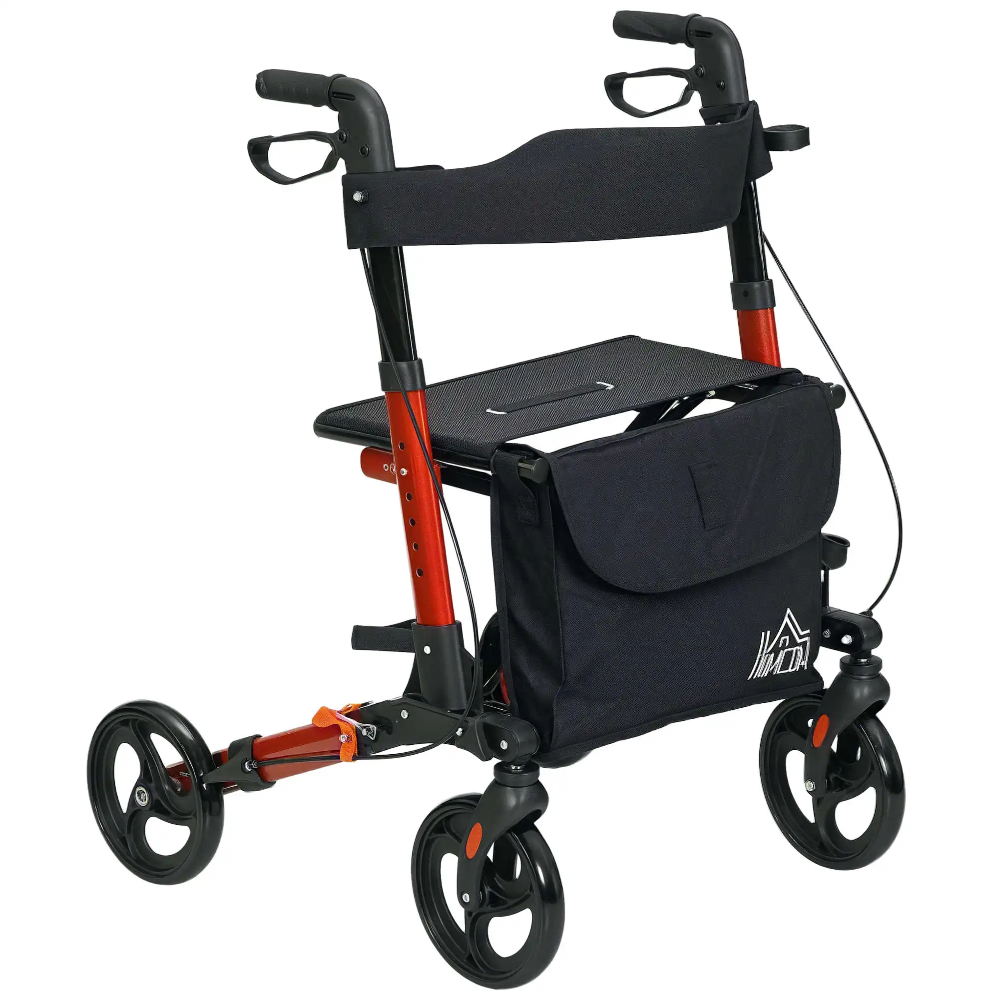 HOMCOM Andador para Ancianos Plegable de Aluminio con Asiento 4 Ruedas Altura Ajustable Frenos de Maneta Rojo y Negro