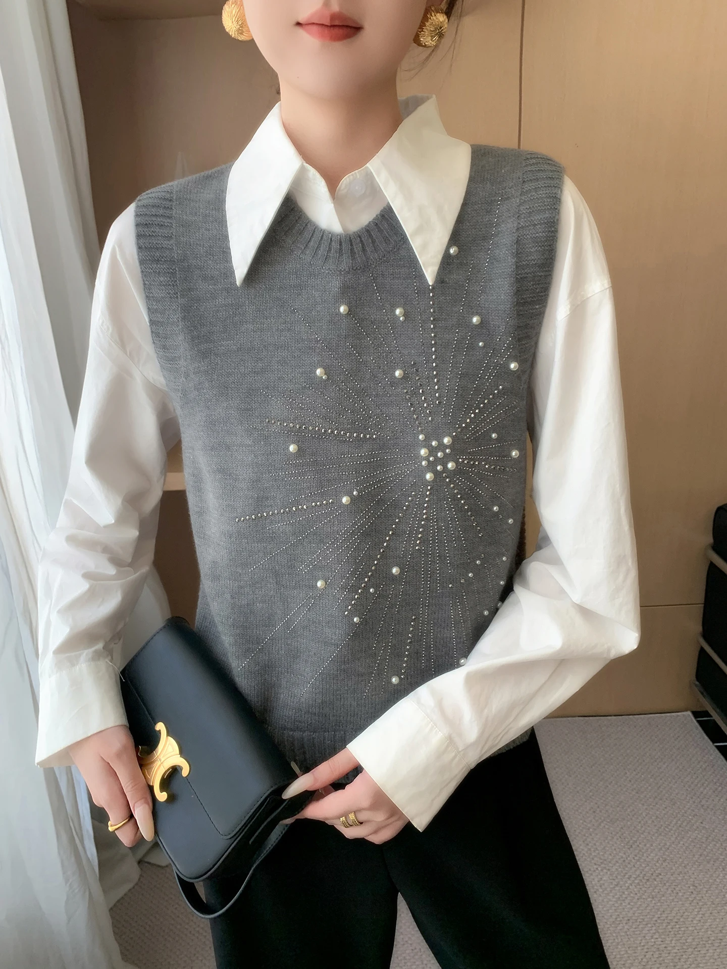 Women's Knitted Vest Heavy Embelliment Design Spring Autumn Inner Wear oulder Pad Top round Ne Regular Length LA-00