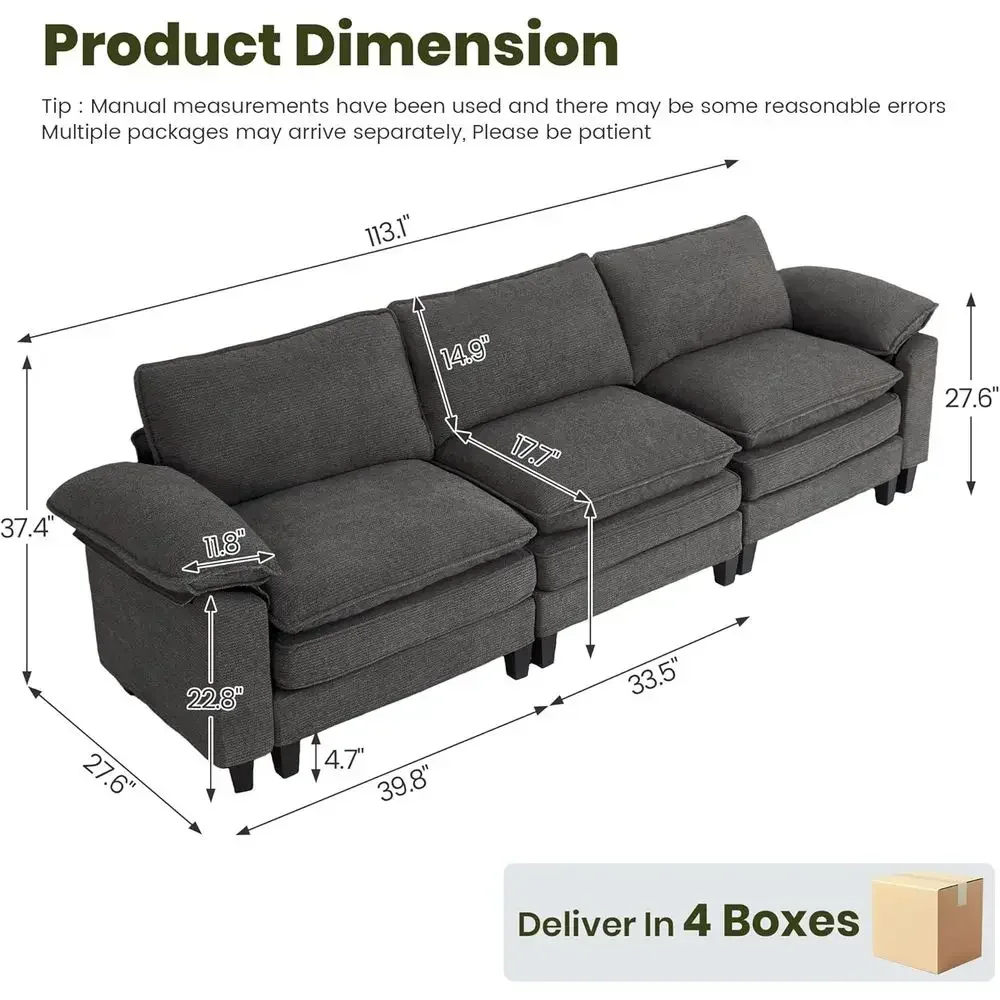 Sectional Sofa with Chenille Cloud Cushions, Washable Covers, Deep Seat, 5'' Legs, Suitable for Living Room