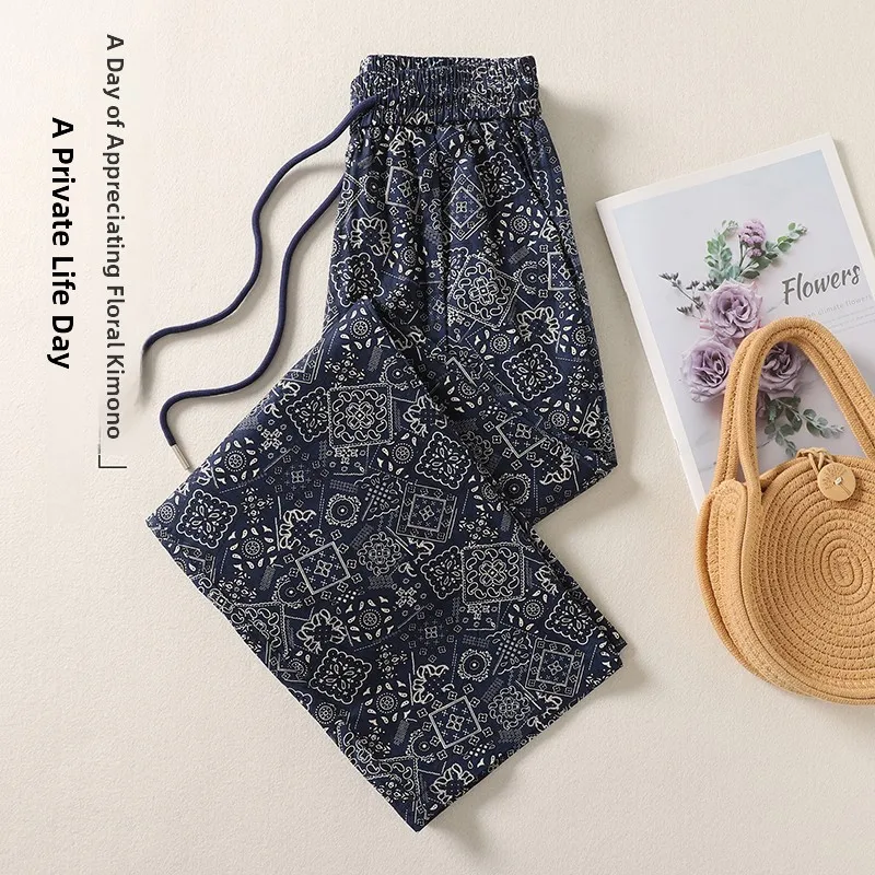 Sommer Neue Floral Baumwolle Druck Lose Abnehmen Casual Vielseitig Blau Paisley Elastische Taille Hosen Hohe Taille Lange Hosen Polyest...