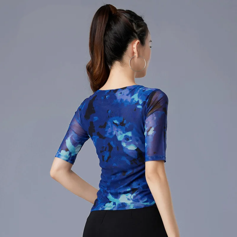 2024 New Fashion Blue Latin Dance Top Printing New Adult Women\'s Training Dance Modern National Standard Social Dance Clothing