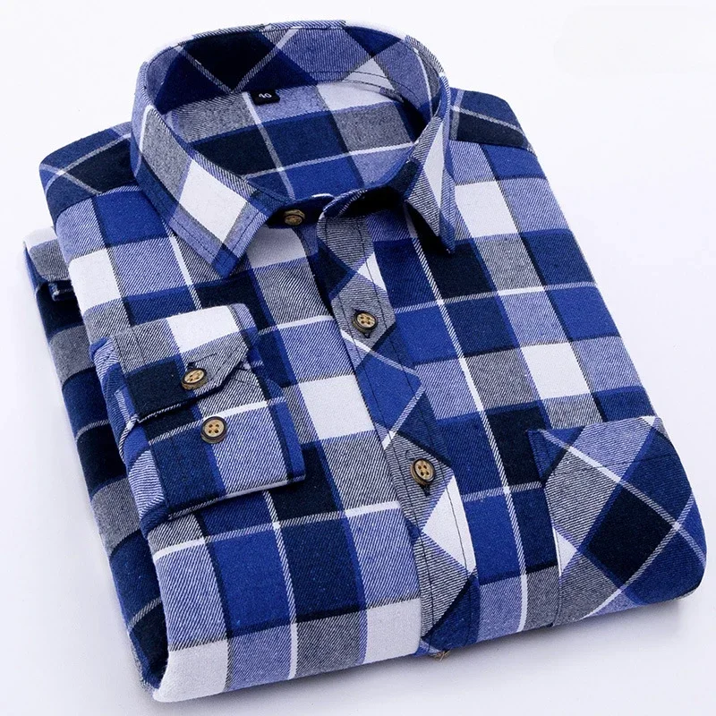 Long sleeved shirt for men in autumn and winter, made of pure cotton, casual checkered, oversized, and ground warm shirt jacket