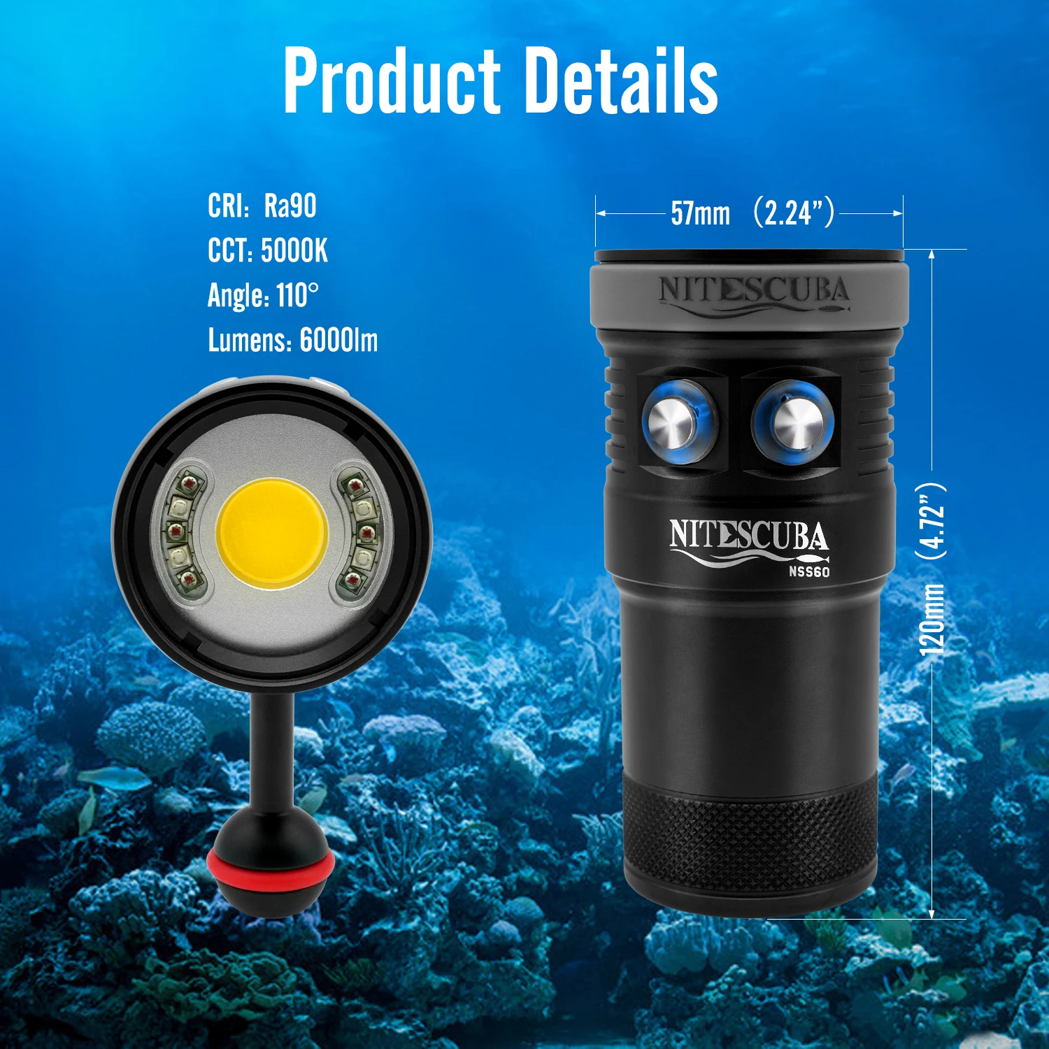 Nitescuba LED Dive Light Video Photography Glare 6000 lumens scuba torch Wide Angle CRI=90 UV Red focus 100 waterproof