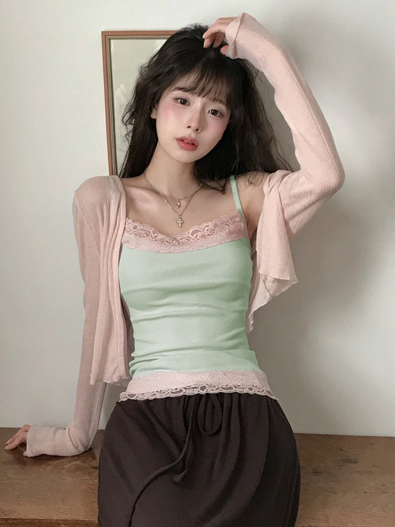 EILOVE Mint Green Contrast Color Lace Trim Slim Fit Knitted Vest Underwear Korean Style Girl's Early Fashion Inner Wear