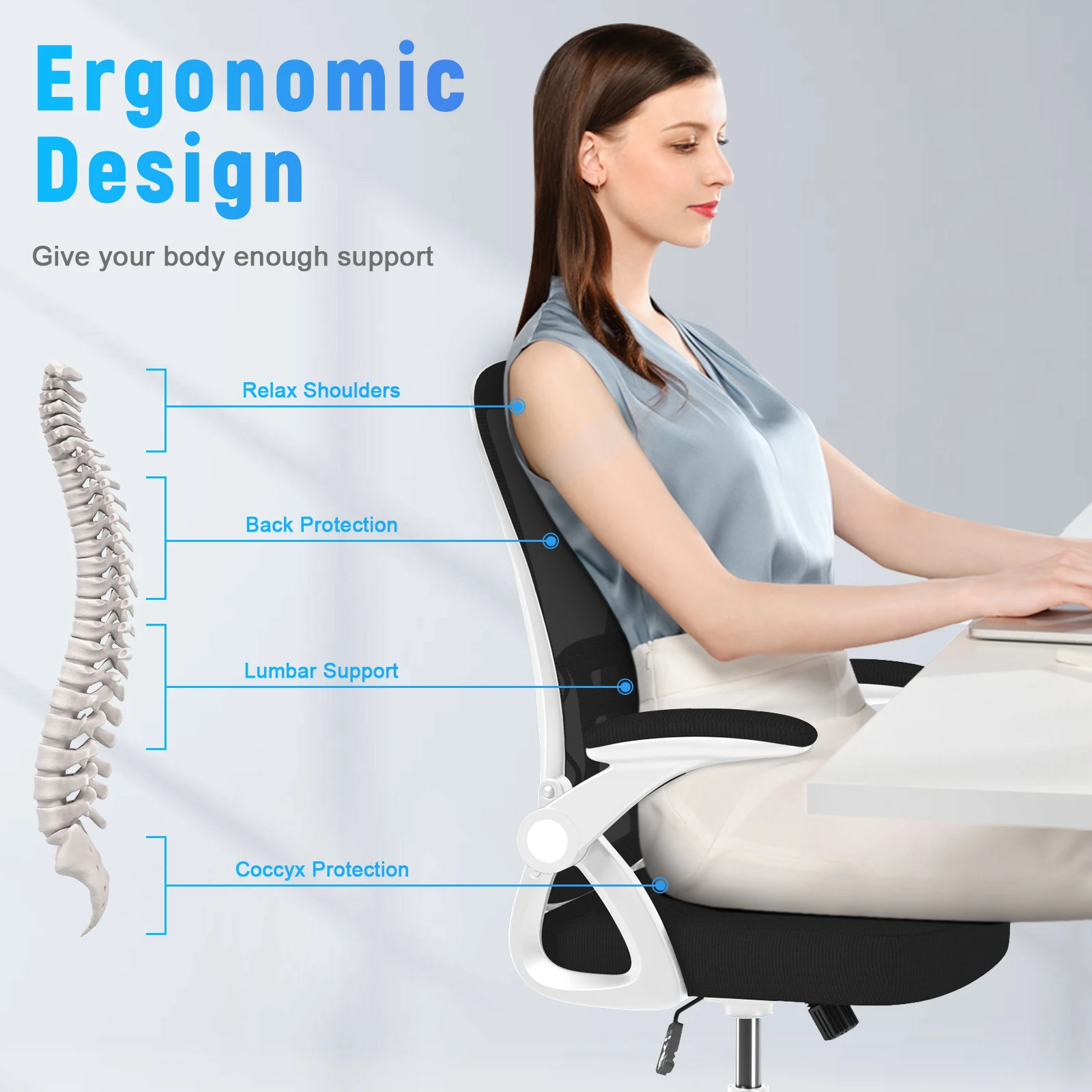 Cadeira de escritório ergonômica Naspaluro 90 °   Apoio lombar com apoio de braço dobrável, cadeira de escritório com almofada de assento acolchoada