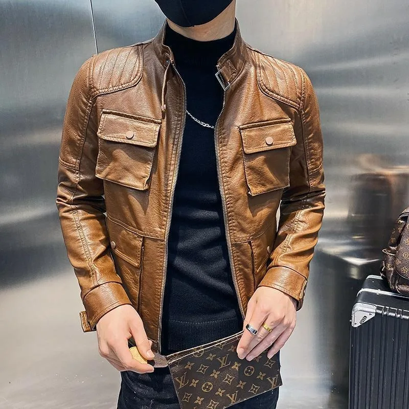 Cargo Leather Jacket Male Spring Autumn Explosive Version of The Trend Handsome Casual Stand Collar Suit Men Leather Coat Tide