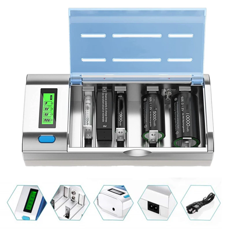 Portable Universal 6 Slots Independent Slot Battery Charger for 1.2V Ni-MH AA/AAA/C/D Size 9V Rechargeable Batteries EU/US Plug